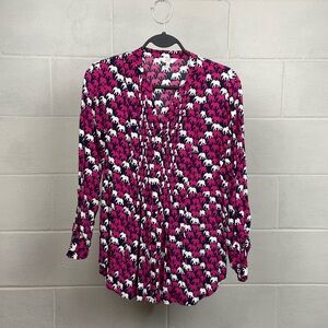 Crown & Ivy Women's Elephant Print Button Down Top SMALL Roll Tab Sleeves V-neck